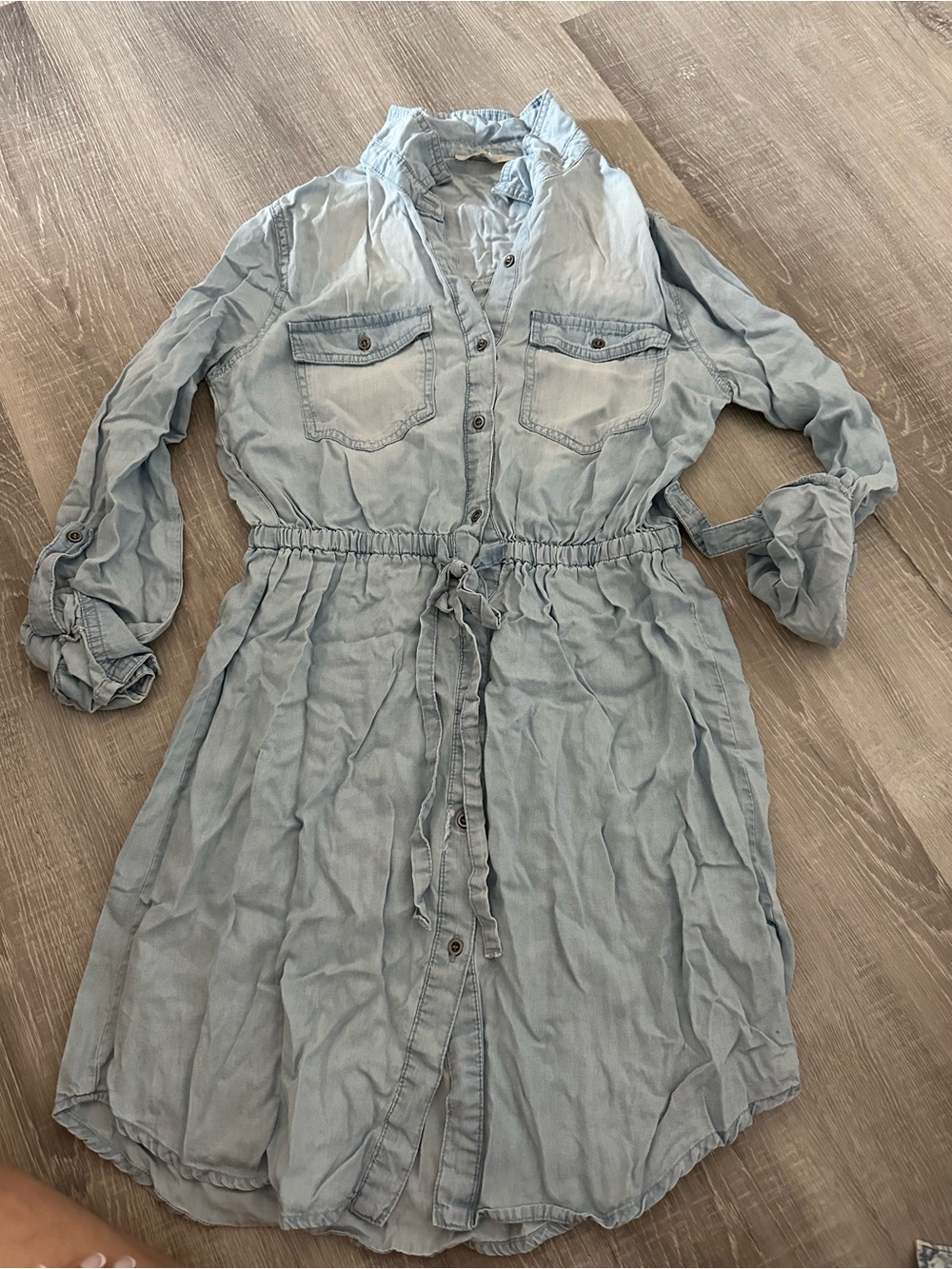 Love Tree Light Blue Denim Shirt Dress with Drawstring Waist